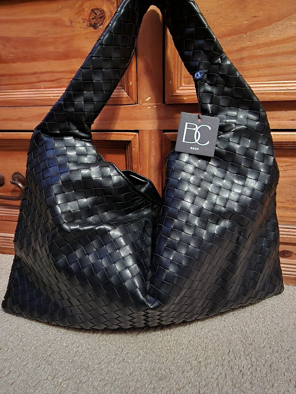 Black Woven Faux Leather Hobo Bag